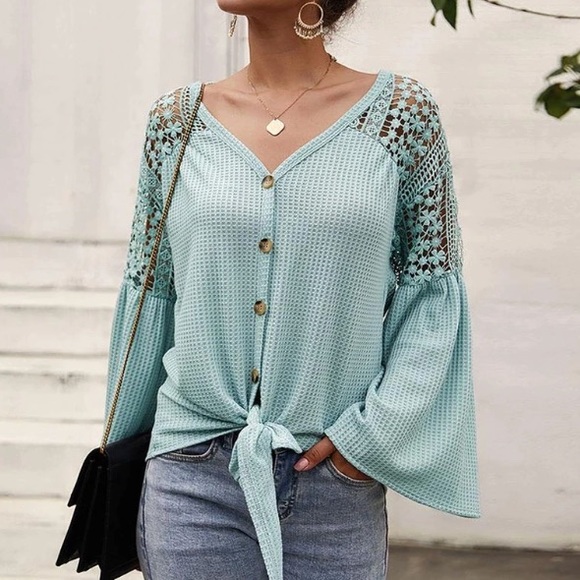 Lace Crochet Waffle Knit Button Long Sleeve Top - Picture 2 of 4
